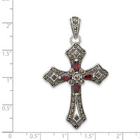 Sterling Silver Antiqued Red Marquise CZ Marcasite Cross Pendant view 3