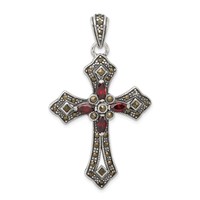 Sterling Silver Antiqued Red Marquise CZ Marcasite Cross Pendant view 1