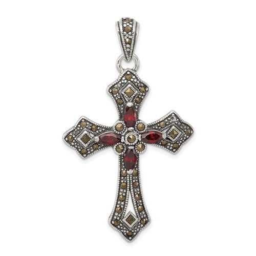 Sterling Silver Antiqued Red Marquise CZ Marcasite Cross Pendant
