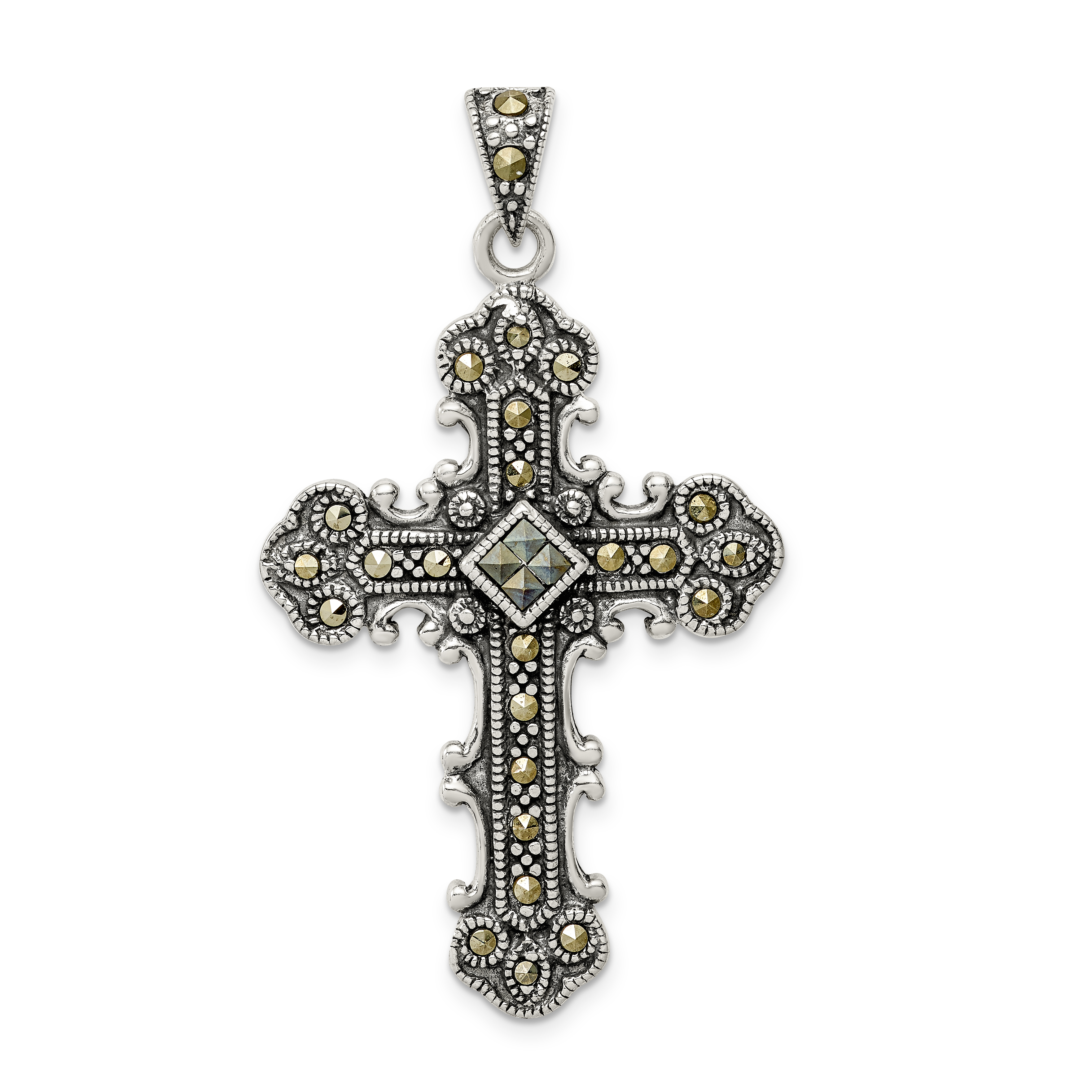 Sterling Silver Antiqued Marcasite Cross Pendant (QC5281)