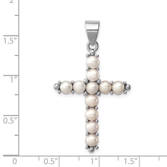 Sterling Silver Rhodium-platedFW Cultured Pearl Cross Pendant