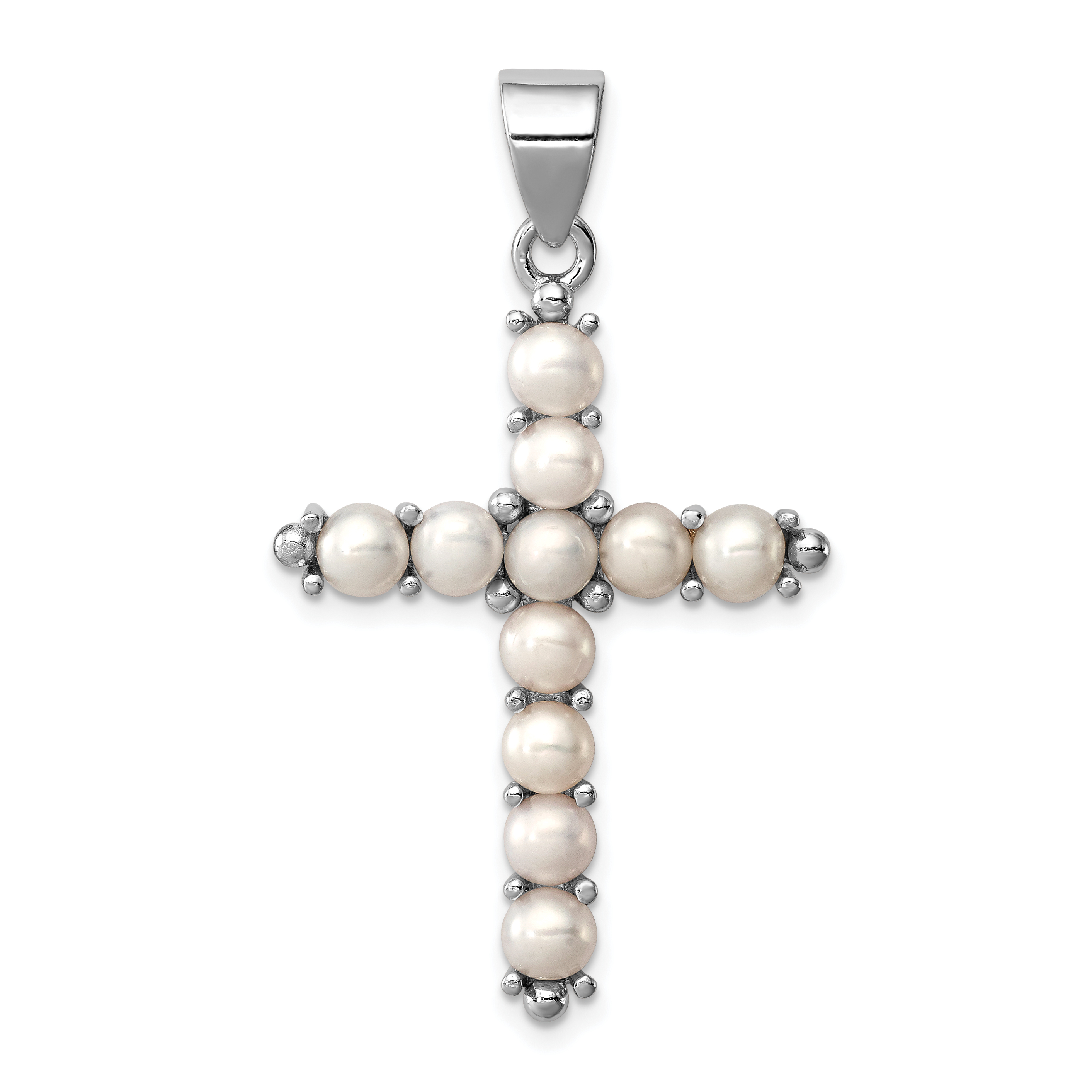 Sterling Silver Rhodium-platedFW Cultured Pearl Cross Pendant (QC5297)