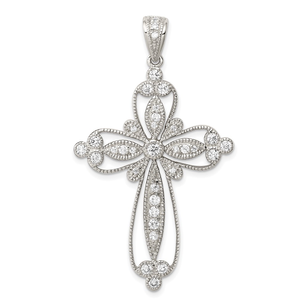 Sterling Silver Rhodium-plated CZ Filigree Cross Pendant (QC5304)