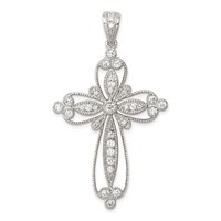 Sterling Silver Rhodium-plated CZ Filigree Cross Pendant view 1