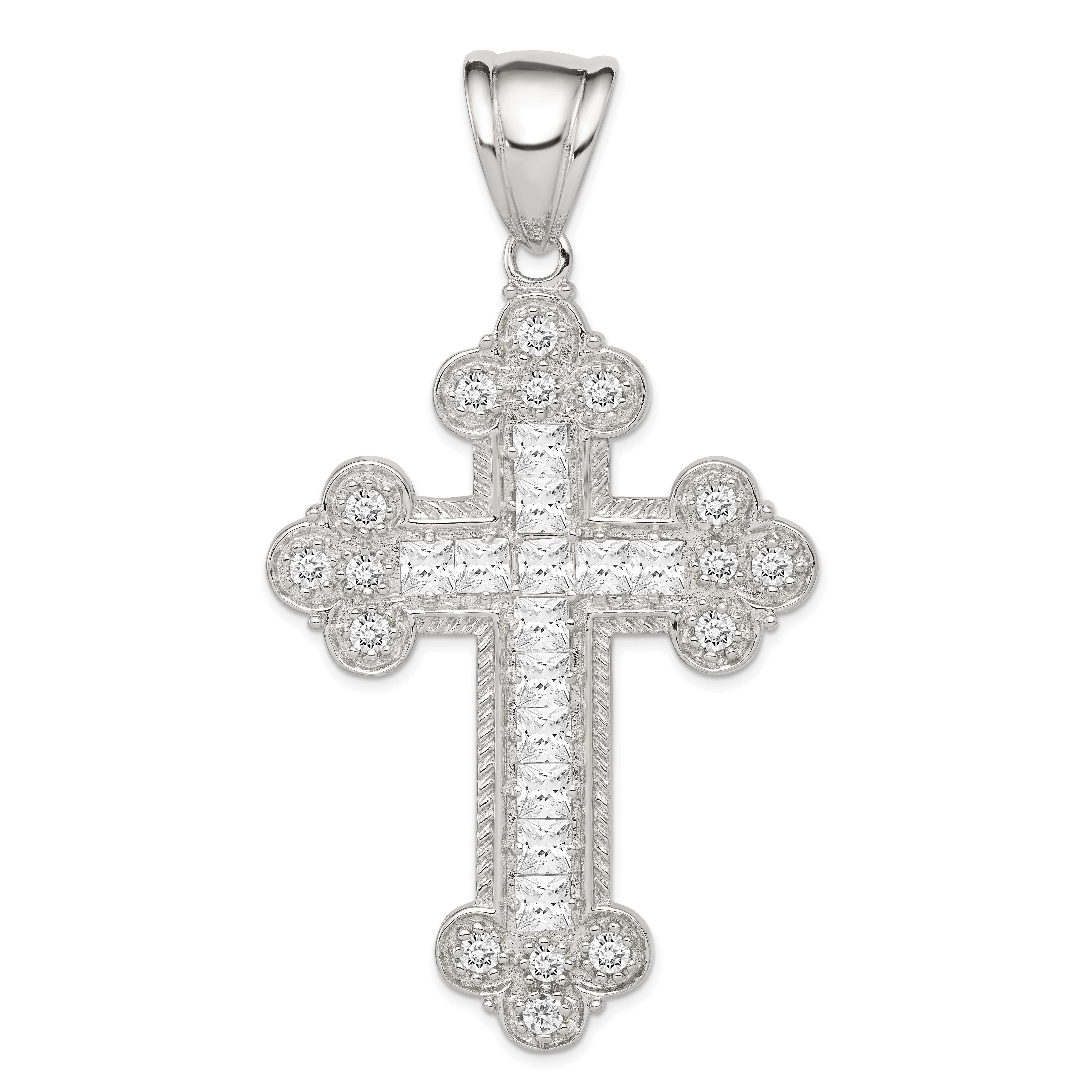 Sterling Silver Rhodium-plated CZ Budded Cross Pendant (QC5329)