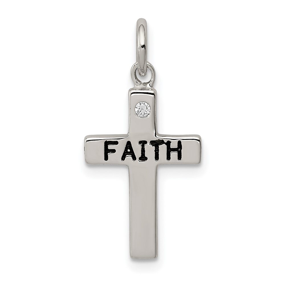 Sterling Silver Rhodium-plated Black Ink Faith and CZ Antiqued Cross Charm