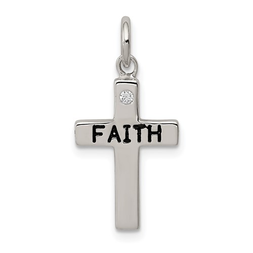 Sterling Silver Rhodium-plated Black Ink Faith and CZ Antiqued Cross Charm