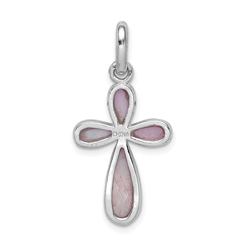 Sterling Silver Rhodium-platedPink Mother of Pearl Cross Pendant (QC5842)