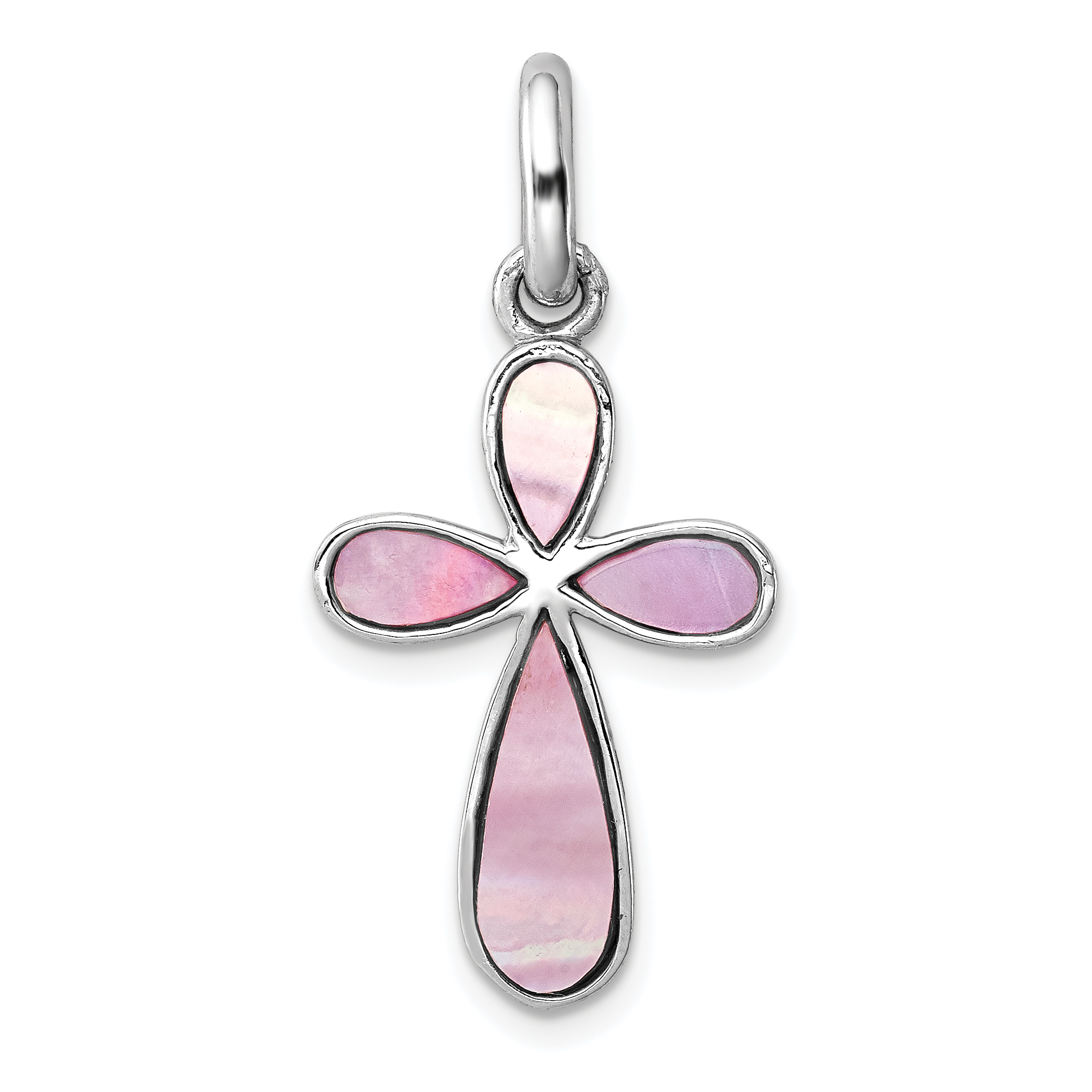 Sterling Silver Rhodium-platedPink Mother of Pearl Cross Pendant (QC5842)