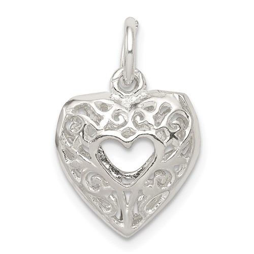 Sterling Silver Filigree 13mm Puffed Heart Charm