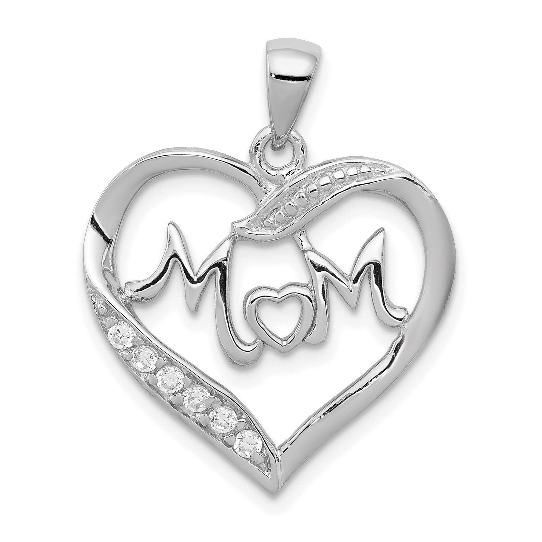Sterling Silver Rhodium-plated MOM CZ Heart Pendant (QC5990)