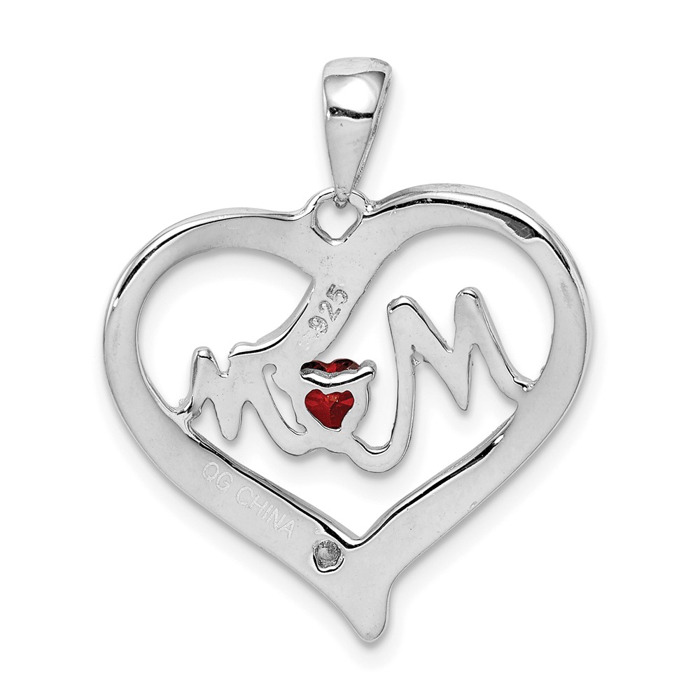 Sterling Silver Rhodium-Plated Red CZ Heart & White CZ Mom Heart Pendant (QC5992)