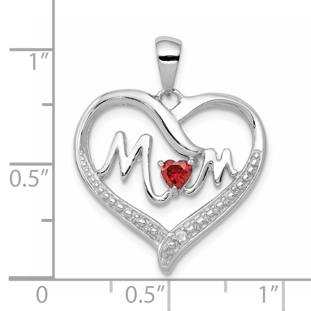 Sterling Silver Rhodium-Plated Red CZ Heart & White CZ Mom Heart Pendant (QC5992)