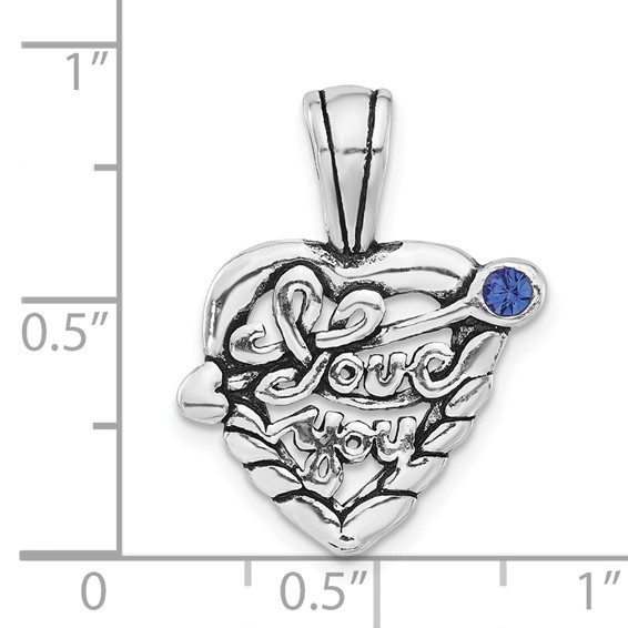 Sterling Silver Polished & Antiqued Blue Crystal I Love You Heart Charm
