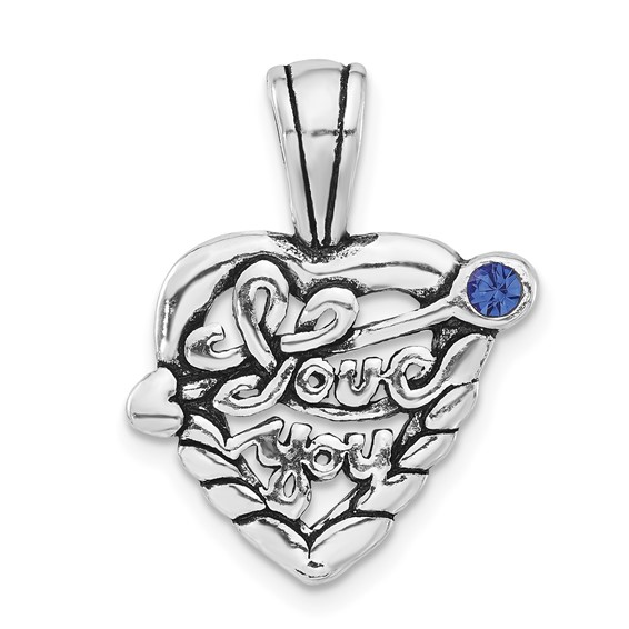 Sterling Silver Polished & Antiqued Blue Crystal I Love You Heart Charm