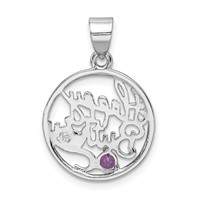 Sterling Silver Rhodium-plated Amethyst Cut-out Happy Birthday Script in Circle Pendant view 3
