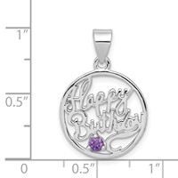 Sterling Silver Rhodium-plated Amethyst Cut-out Happy Birthday Script in Circle Pendant view 4