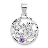 Sterling Silver Rhodium-plated Amethyst Cut-out Happy Birthday Script in Circle Pendant view 1