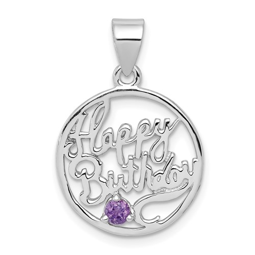 Sterling Silver Rhodium-plated Amethyst Cut-out Happy Birthday Script in Circle Pendant