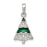 Sterling Silver Rhodium-plated CZ and Green Enameled Christmas Tree Pendant view 1