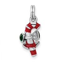 Sterling Silver Rhodium-plated Red and Green Enameled 3-D Candy Cane Charm view 3