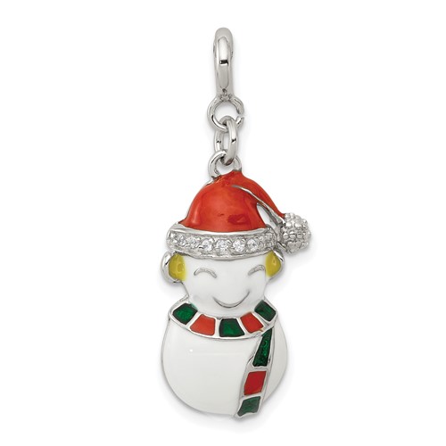 Sterling Silver Rhodium-plated CZ Multi-color Enameled Snowman Charm