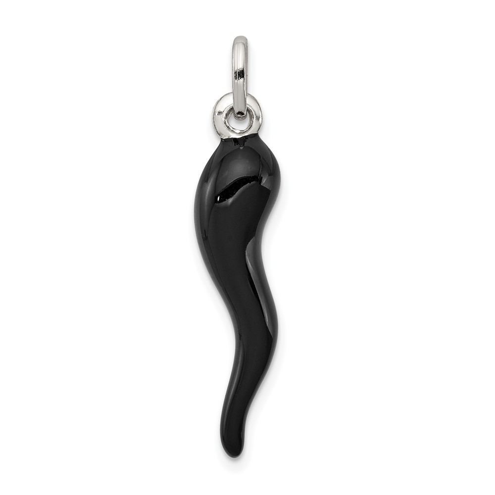 Sterling Silver Black Enameled 3-D Italian Horn Pendant