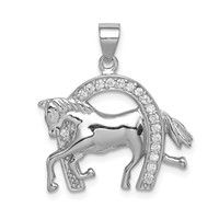 Sterling Silver Rhodium-plated Horse in Horseshoe CZ Pendant view 1