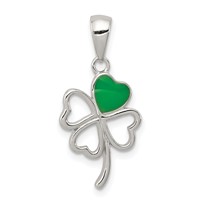 Sterling Silver Rhodium-plated Green Enameled Four Leaf Clover Pendant view 1
