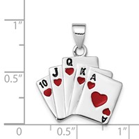 Sterling Silver Rhodium-plated Red and Black Enameled Royal Flush Pendant view 3