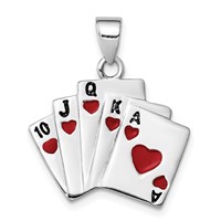 Sterling Silver Rhodium-plated Red and Black Enameled Royal Flush Pendant view 1
