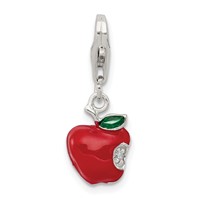 Sterling Silver Rhodium-plated CZ and Red Enameled Apple Charm view 1