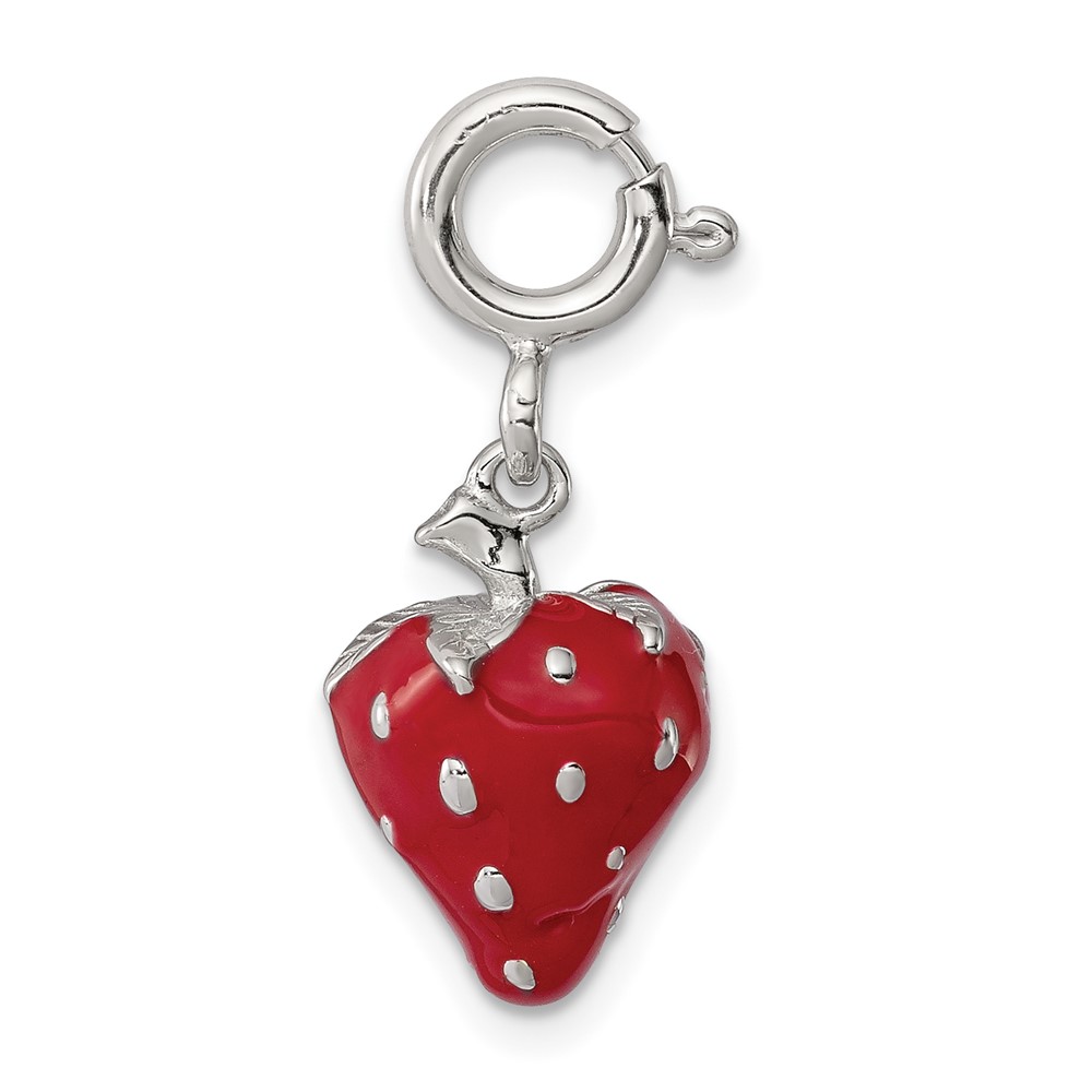 Sterling Silver Rhodium-plated Red Enameled Strawberry Charm (QC6149)