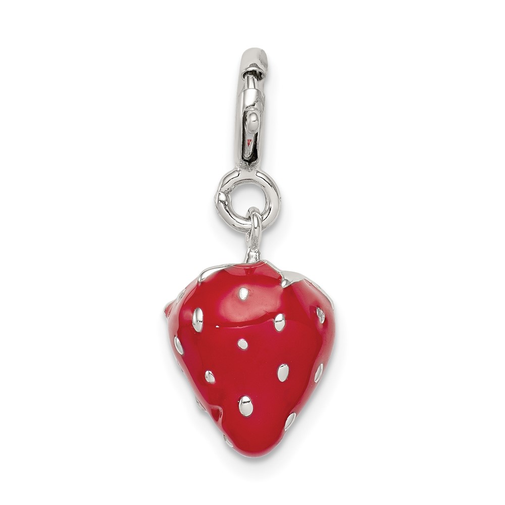Sterling Silver Rhodium-plated Red Enameled Strawberry Charm (QC6149)