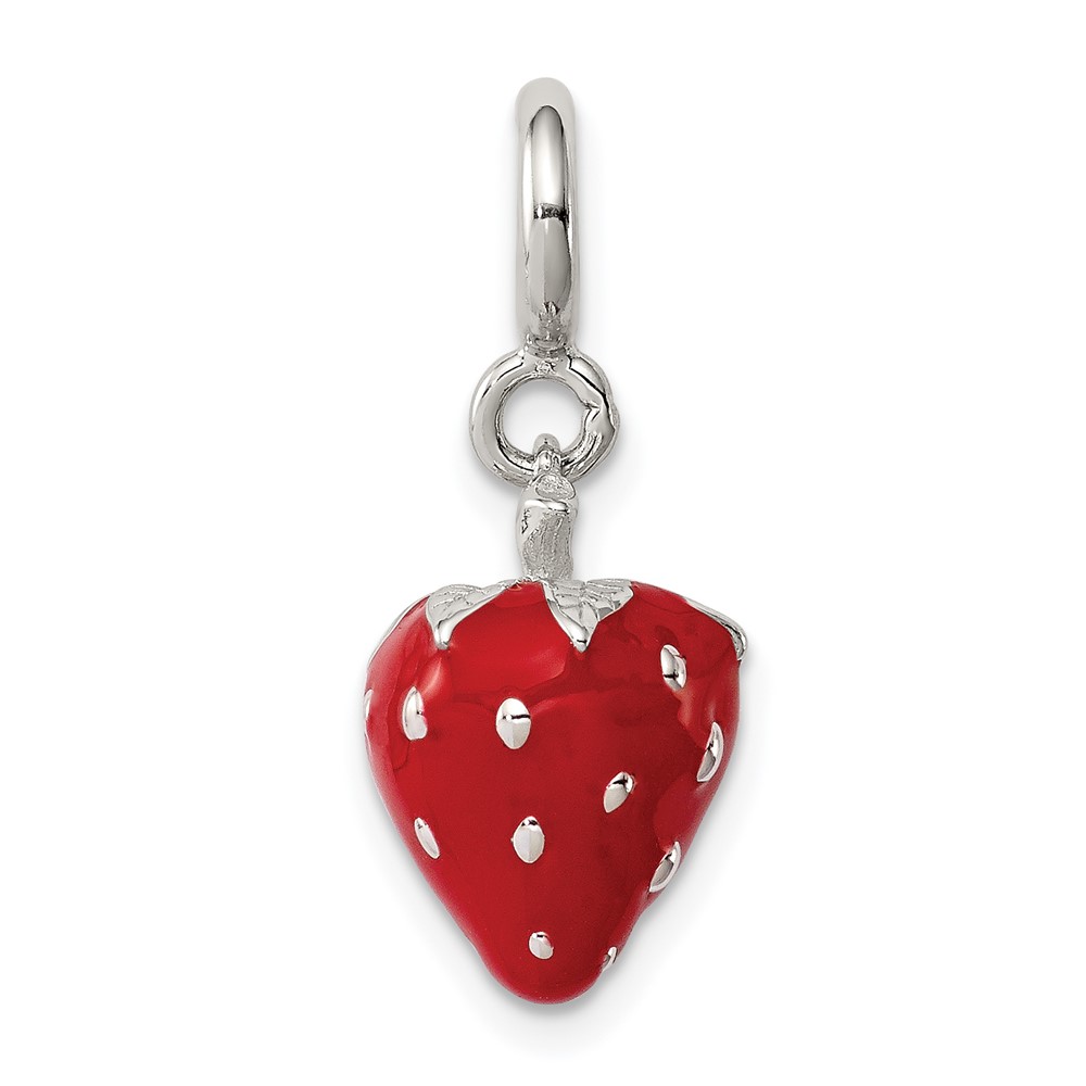 Sterling Silver Rhodium-plated Red Enameled Strawberry Charm (QC6149)