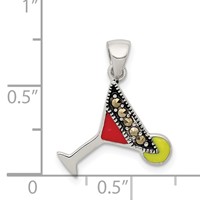 Sterling Silver Rhodium-plated and Hematite-plated Marcasite Red and Green Enameled Martini Pendant view 3