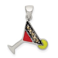 Sterling Silver Rhodium-plated and Hematite-plated Marcasite Red and Green Enameled Martini Pendant view 1