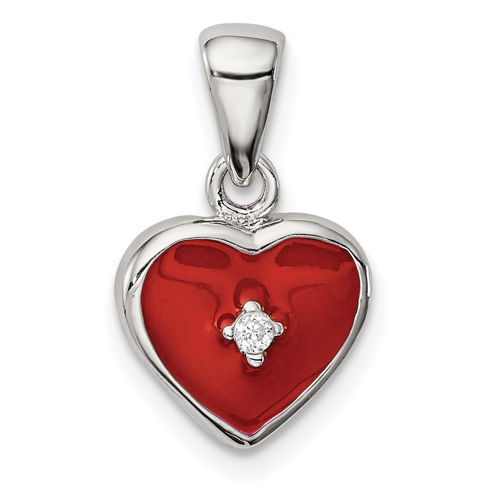 Sterling Silver Rhodium-plated Red Enamel Pendant with CZ Heart
