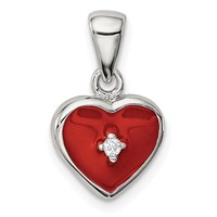 Sterling Silver Rhodium-plated Red Enamel Pendant with CZ Heart view 1