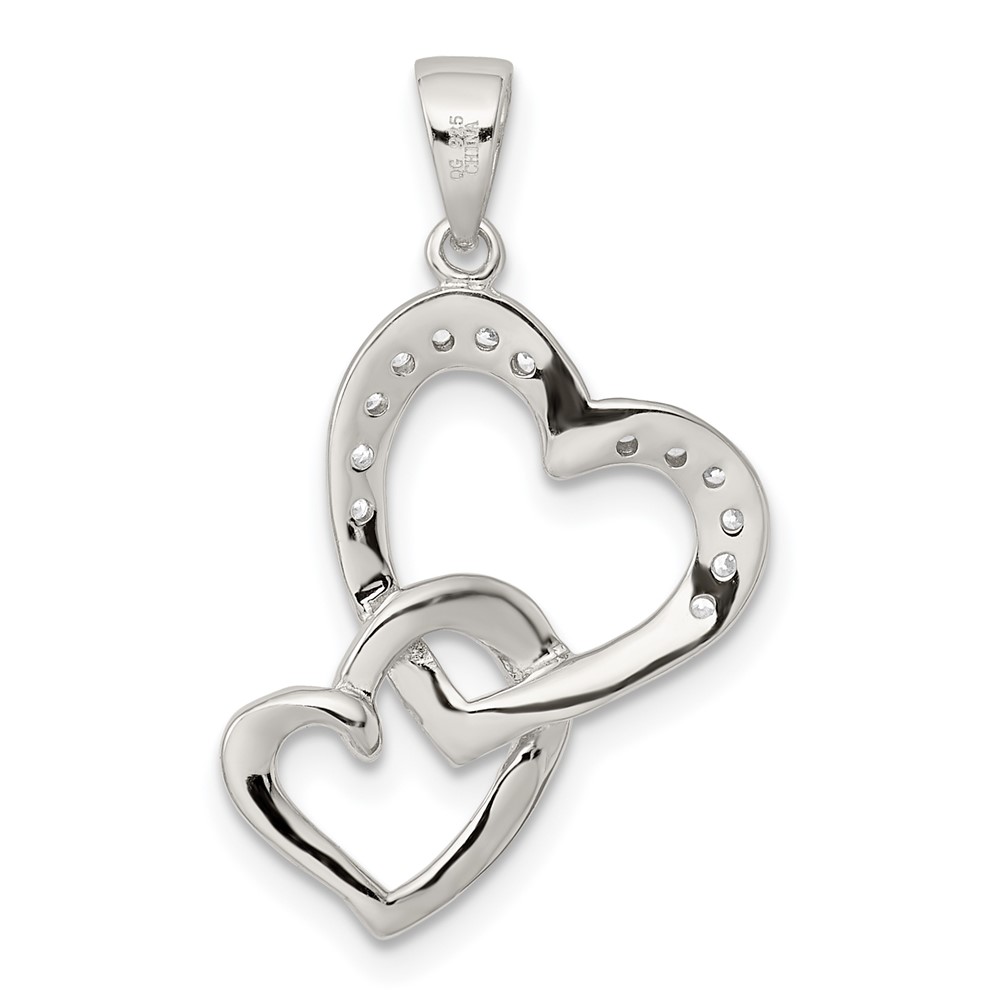 Sterling Silver Rhodium-plated Polished Heart and CZ Double Heart Interconnected Pendant (QC6198)