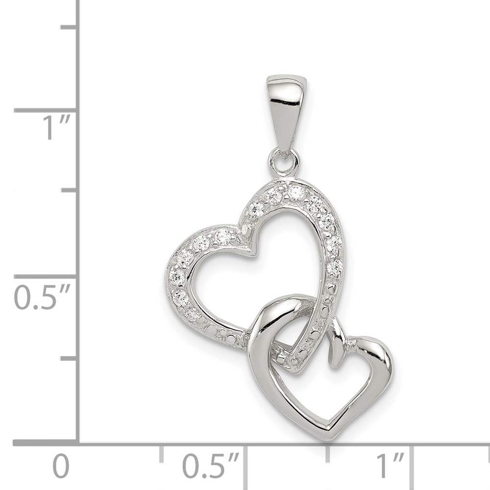 Sterling Silver Rhodium-plated Polished Heart and CZ Double Heart Interconnected Pendant (QC6198)