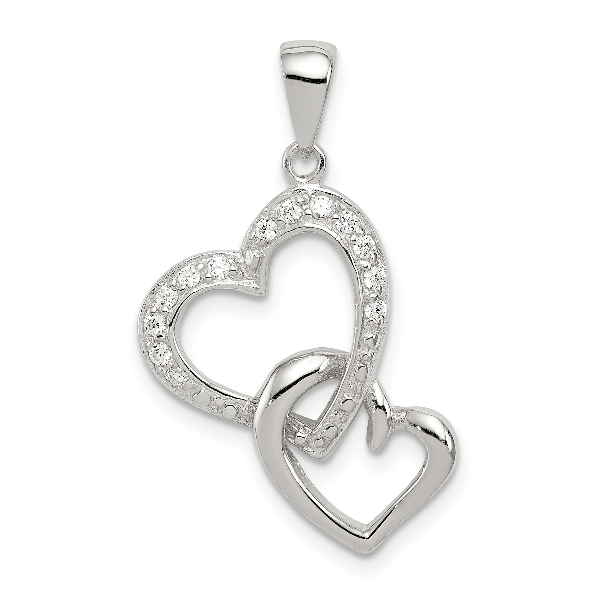 Sterling Silver Rhodium-plated Polished Heart and CZ Double Heart Interconnected Pendant (QC6198)