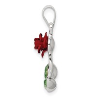 Sterling Silver Red Enamel W Green CZ Rose Charm view 2