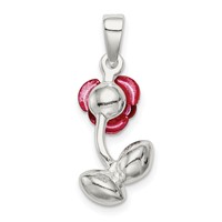 Sterling Silver Red Enamel W Green CZ Rose Charm view 4