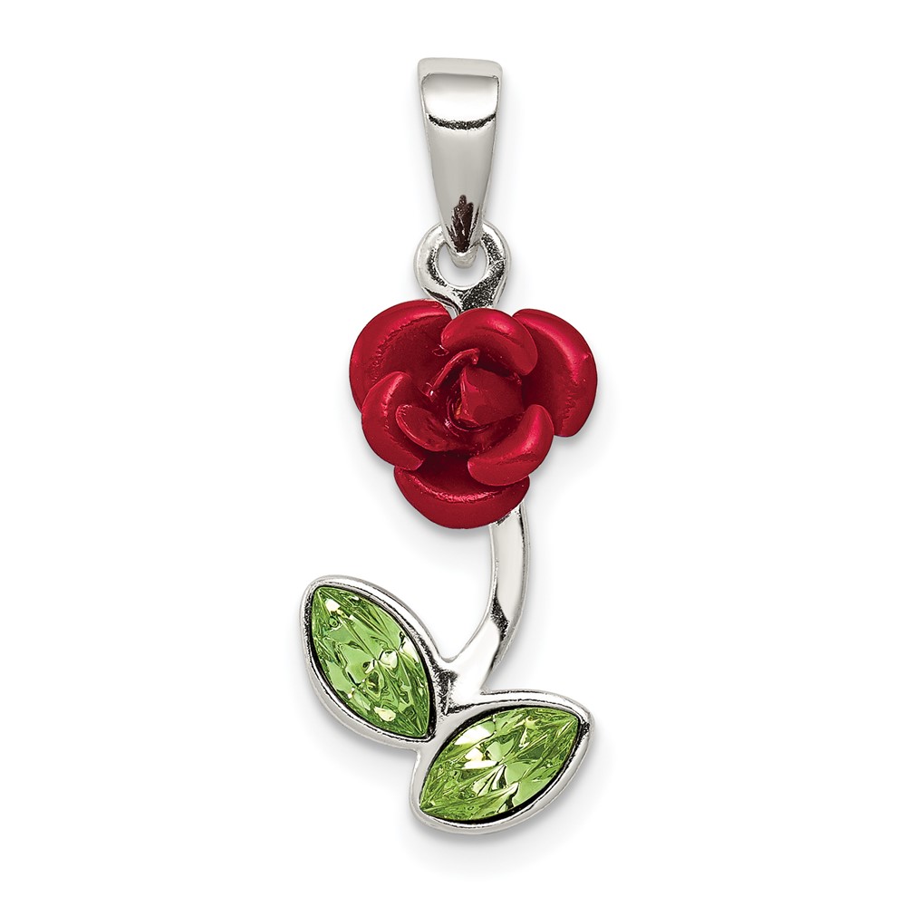 Sterling Silver Red Enamel W Green CZ Rose Charm