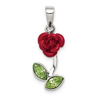 Sterling Silver Red Enamel W Green CZ Rose Charm view 1