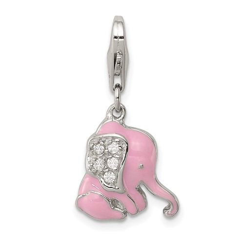 Sterling Silver Rhodium-plated Pink Enameled CZ Elephant Charm with Lobster Clasp