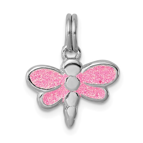 Sterling Silver Rhodium-plated Pink Glitter Enamel Dragonfly Charm