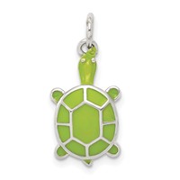 Sterling Silver Rhodium-plated Green Enameled Turtle Pendant view 1