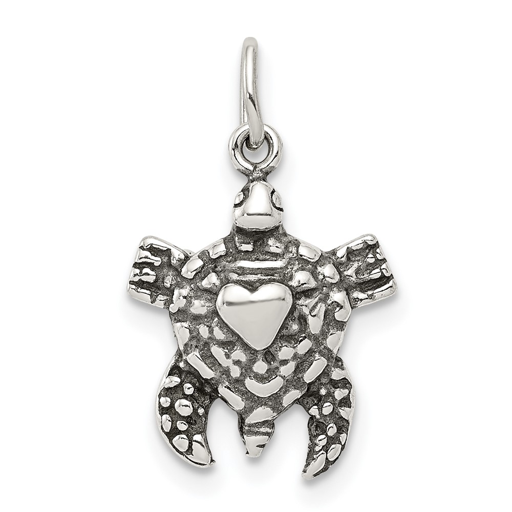 Sterling Silver Antiqued Sea Turtle Charm with Heart